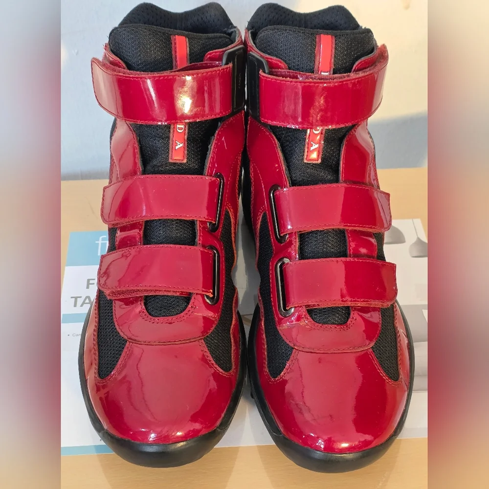 Prada Red and Black High-Top Sneakers with Velcro Straps - Picture 2 of 8